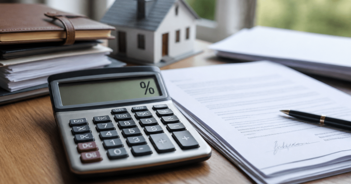 Calculatrice affichant pourcentage à côté de documents hypothécaires signés