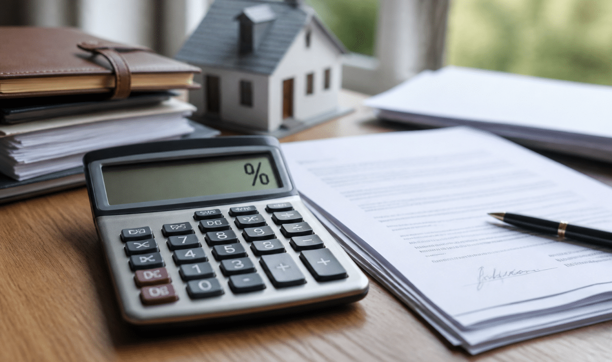 Calculatrice affichant pourcentage à côté de documents hypothécaires signés
