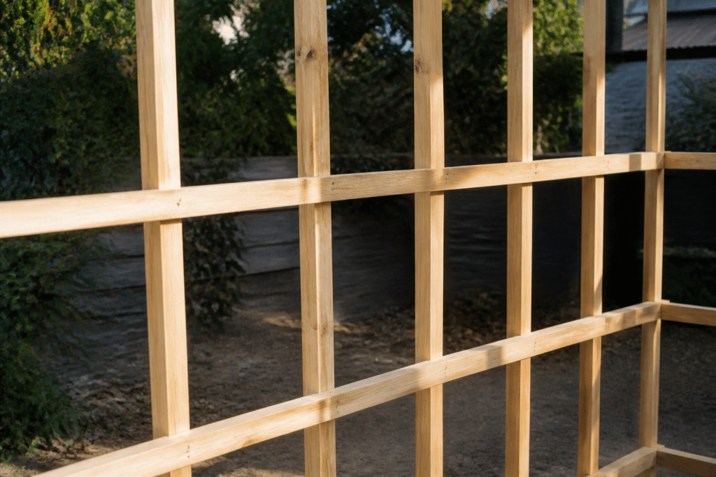 Cadre en bois avec tasseaux verticaux et traverses horizontales assemblés