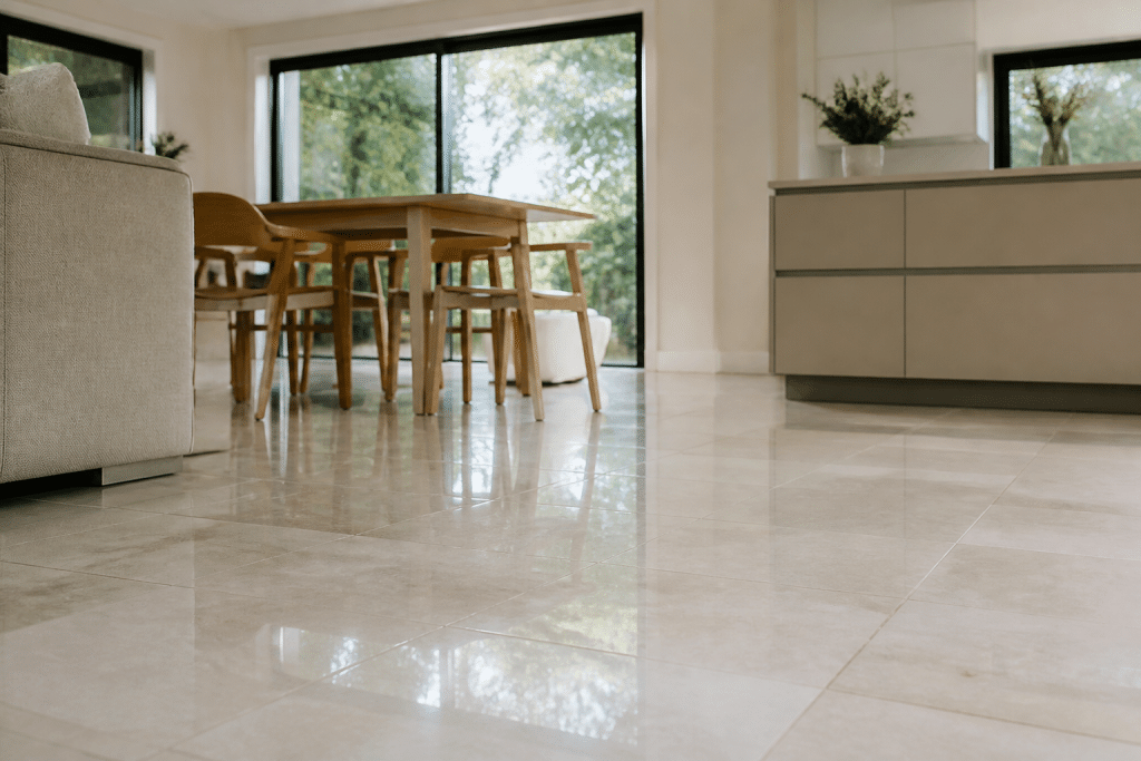 Carrelage blanc et beige reflétant la lumière naturelle