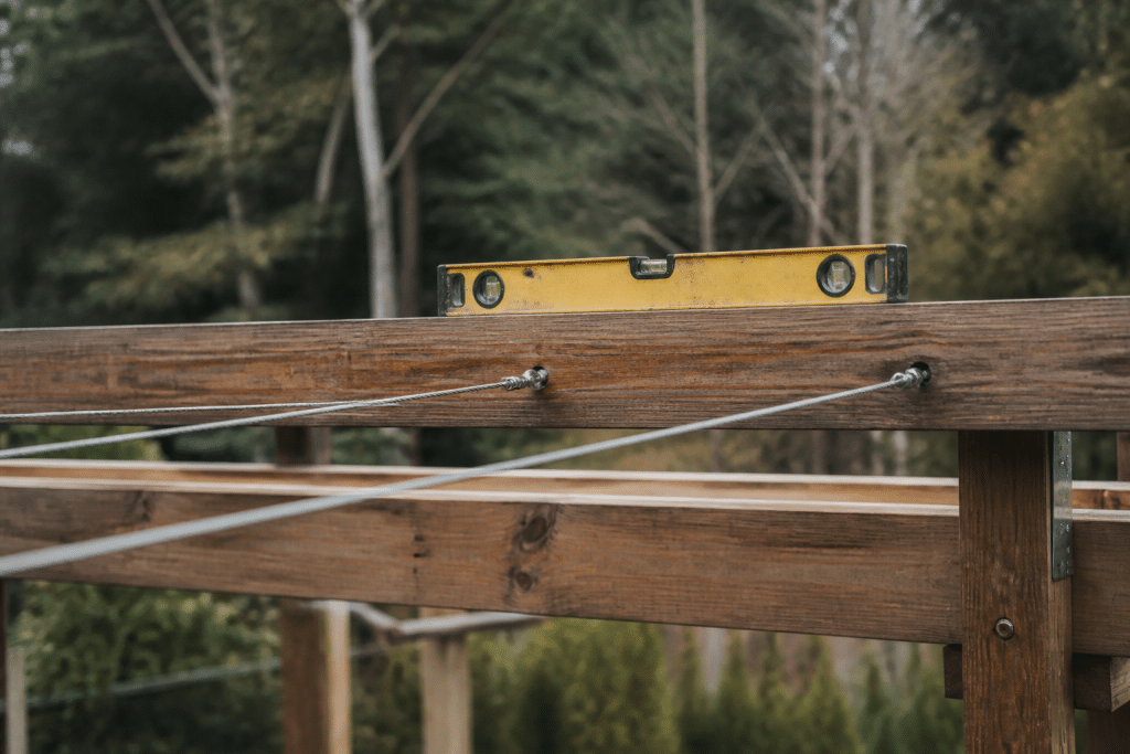 Cables tendus sur poutres pergola avec niveau bulle