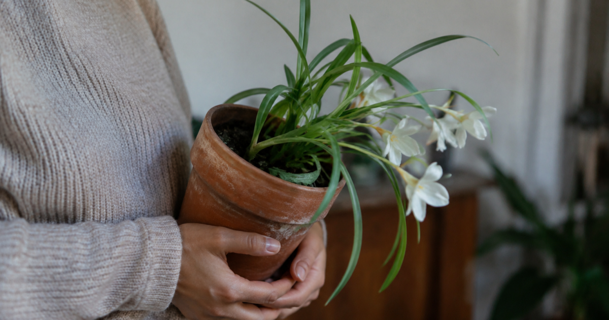 Mains soutenant pot contenant plante blanche penchee