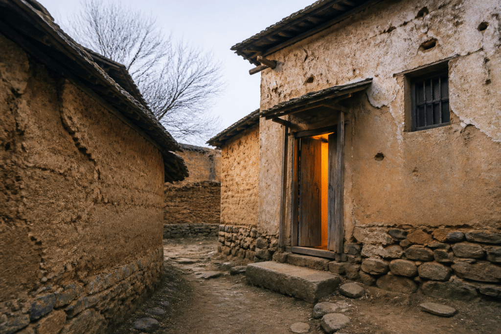 Maison rurale avec porte éclairée et voisins proches