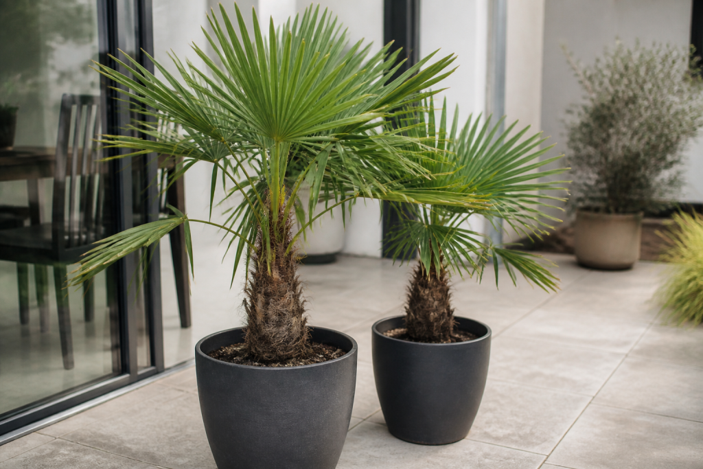 Palmiers en pots sur terrasse contemporaine
