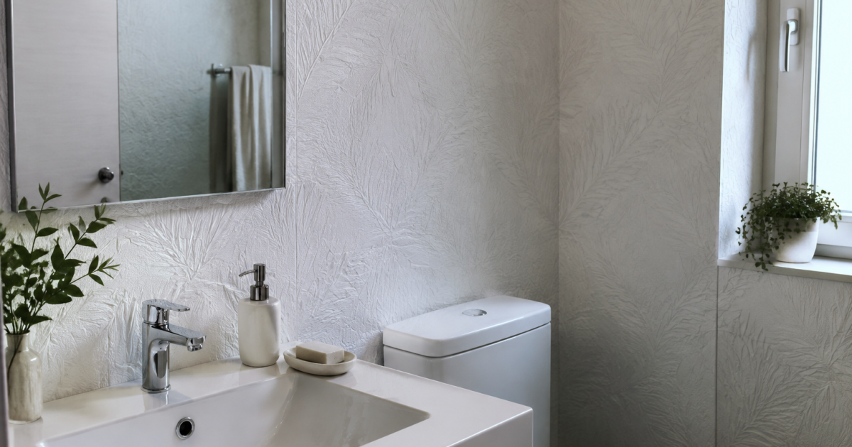 Mur salle bain papier peint blanc motif relief decoratif