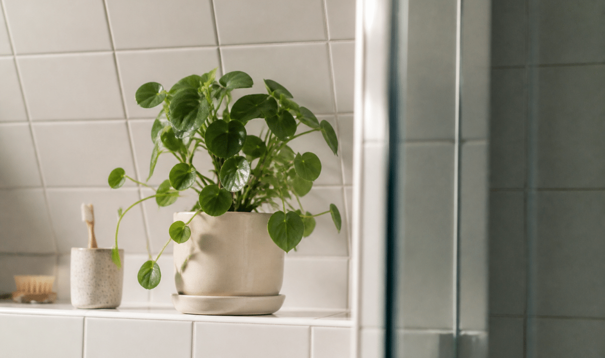 Plante verte en pot sur etagere carrelage blanc salle bain