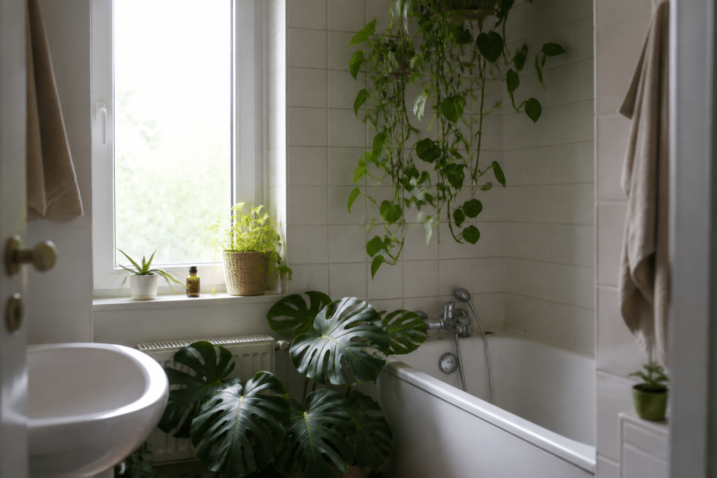 Plantes vertes dans salle bain avec lumière fenetre