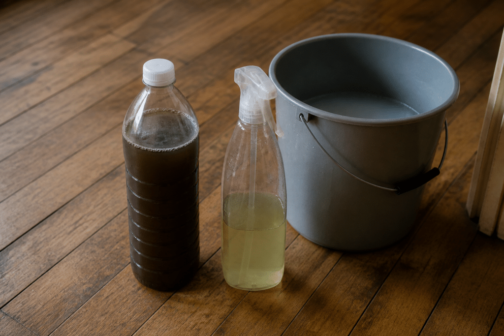 Bouteilles produits nettoyage savon noir eau tiède parquet