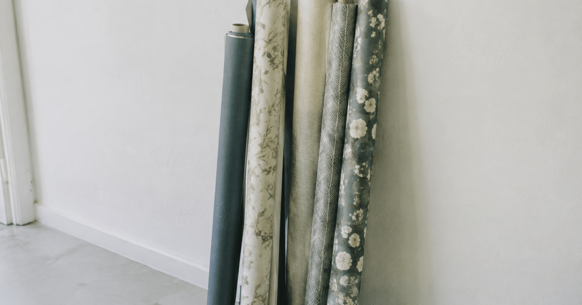 plusieurs rouleaux papier peint empiles verticalement mur blanc