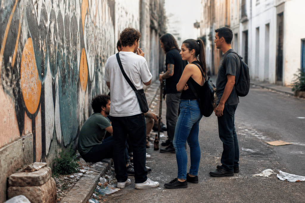 Rue avec tags muraux, détritus au sol, groupe de personnes
