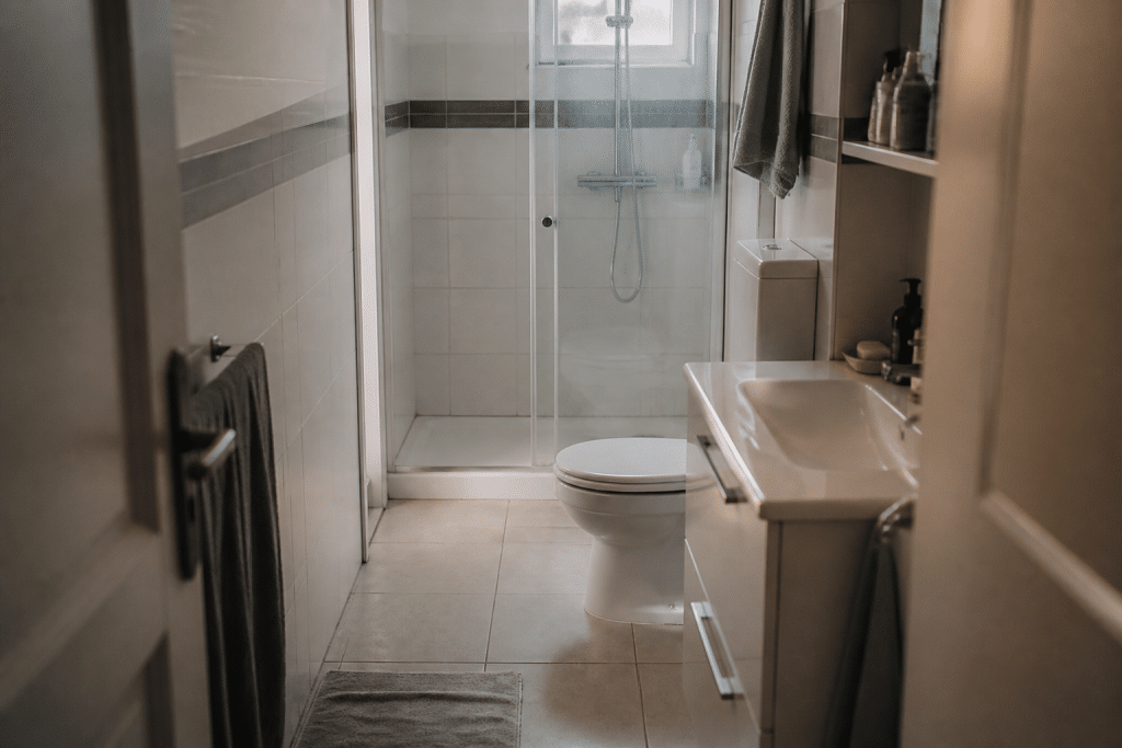 Salle bain etroite avec douche vasque et toilettes alignees