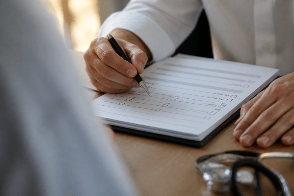 Formulaire medical avec stylo, evaluant profil sante emprunteur