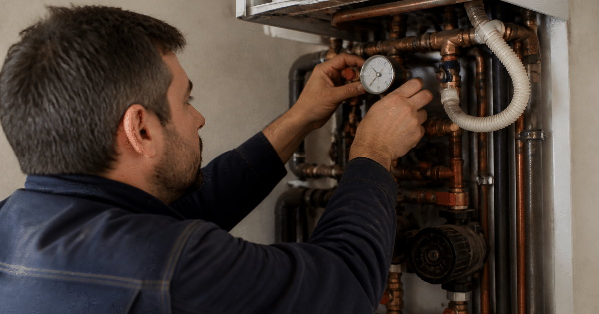 Technicien ajustant manometre pression chaudiere murale