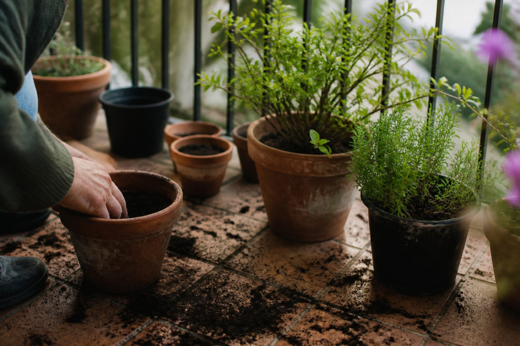 Terrasse avec pots plantes et terre noire
