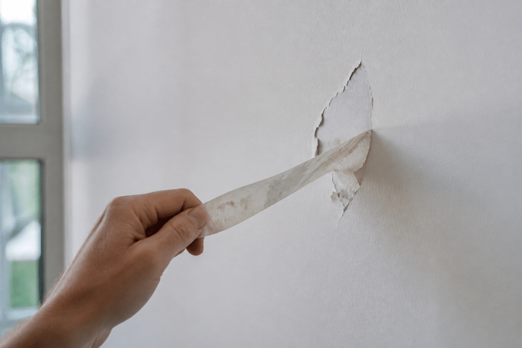 Ruban adhesif decollant de la peinture sur mur blanc