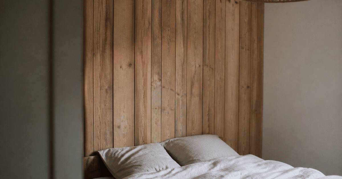 Planches bois verticales fixees au mur derriere lit
