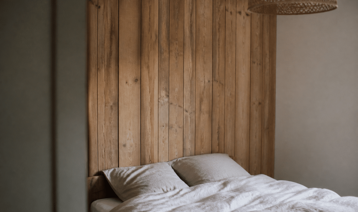 Planches bois verticales fixees au mur derriere lit