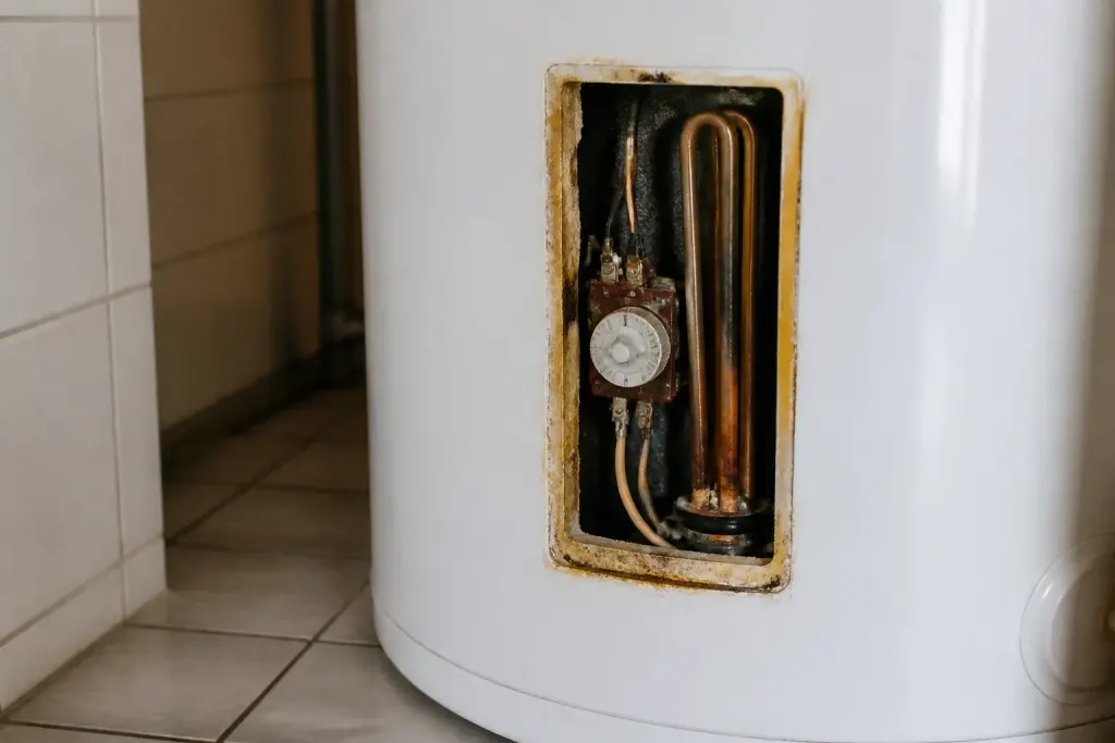 Chauffe-eau ouvert montrant la resistance et le thermostat