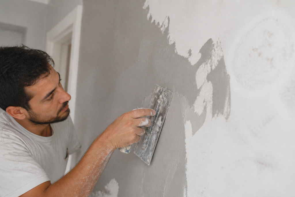Enduit gris applique avec soin sur paroi blanche