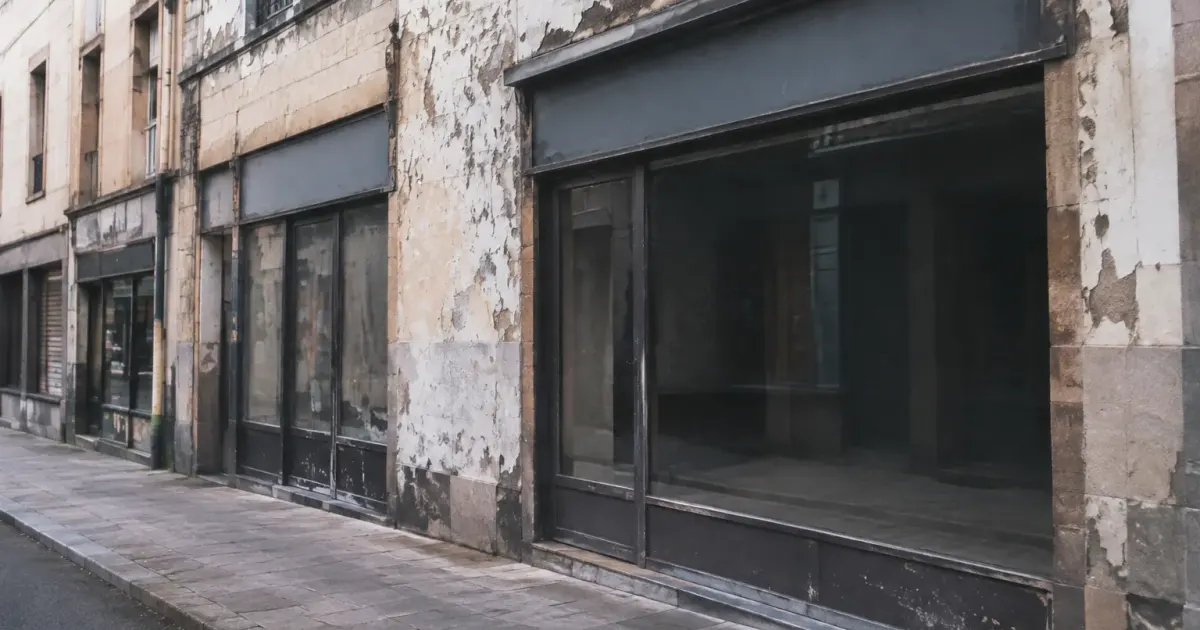 Facade degradee au sol rue vide commerces fermes sombres