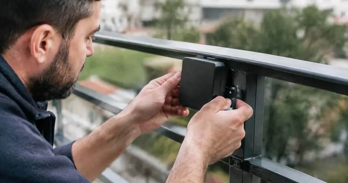 Mains fixant un module noir sur rambarde de balcon