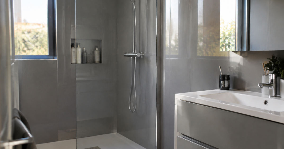 mur gris poli brillant salle bain douche