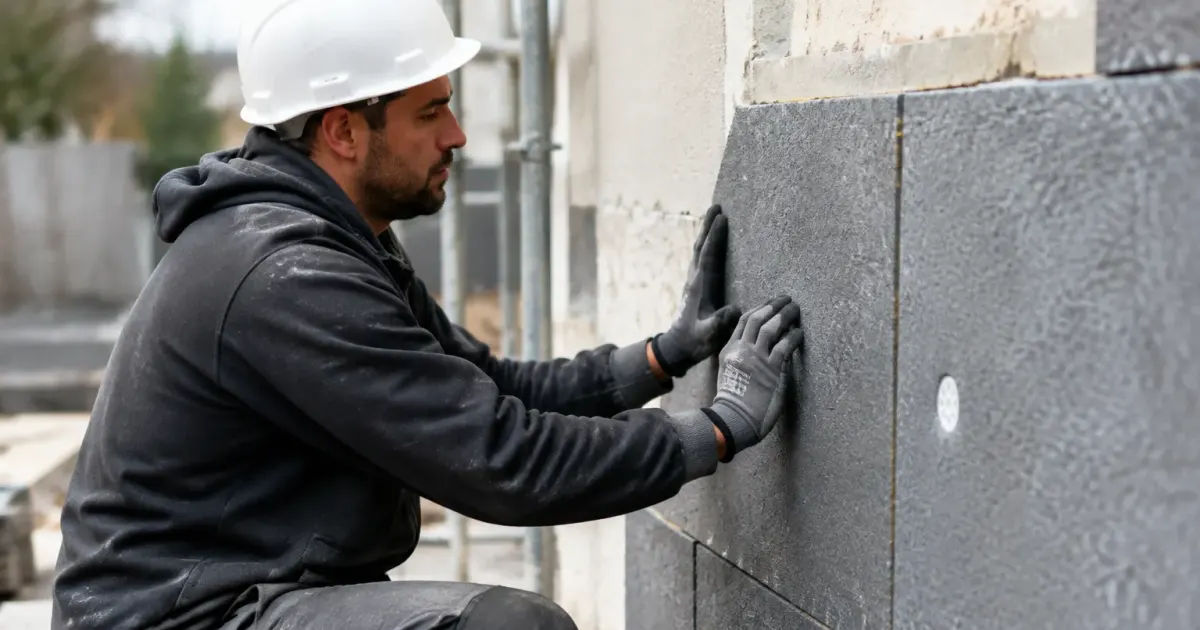 Ouvrier fixe panneau isolant thermique facade batiment