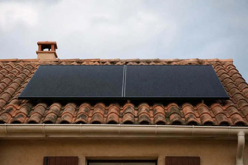 Deux panneaux solaires noirs sur un toit en tuiles