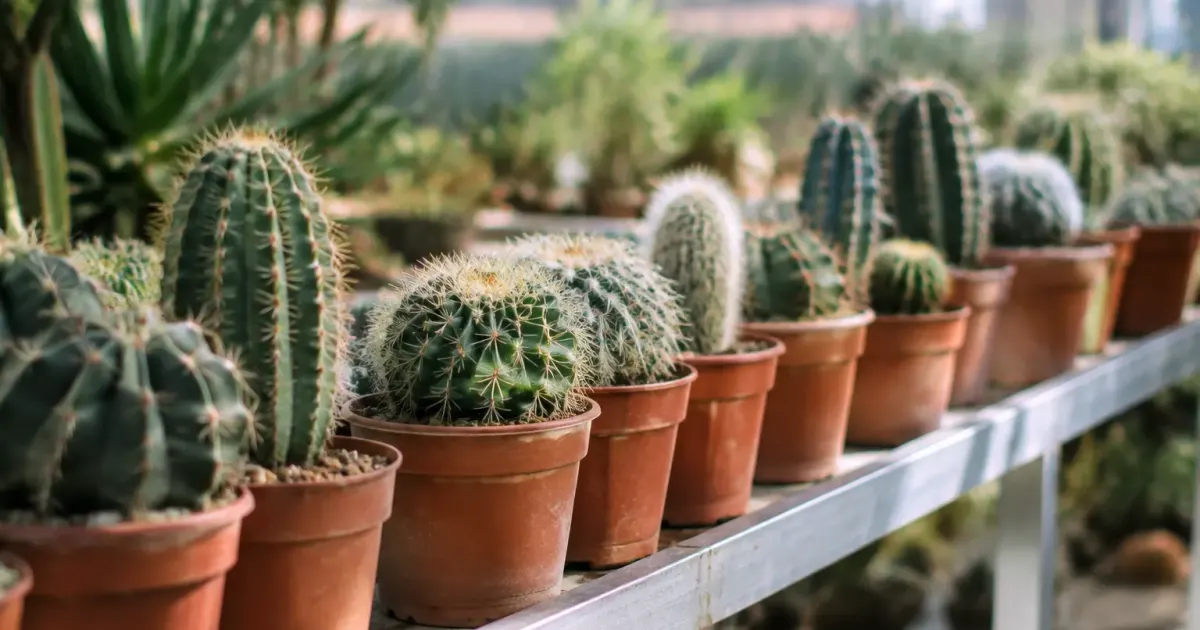Pots de cactus alignes sur une rampe exposee