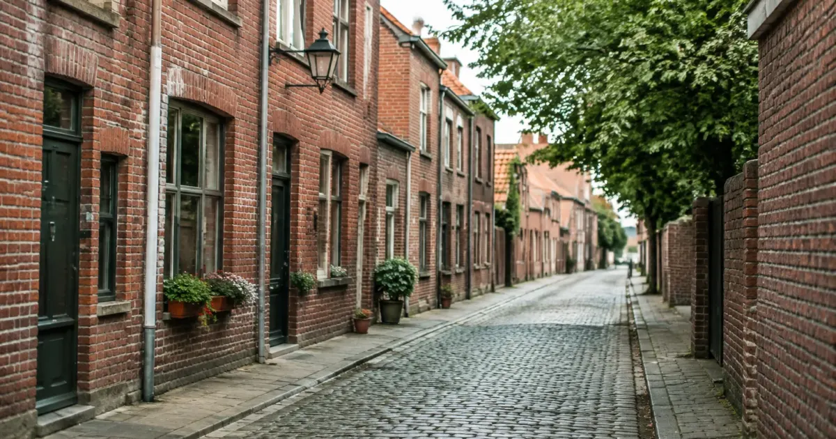 Rue pavee bordee de maisons en briques rouges