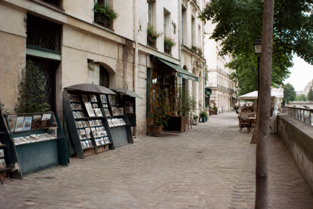 Rues anciennes longeant la Seine avec petits commerces